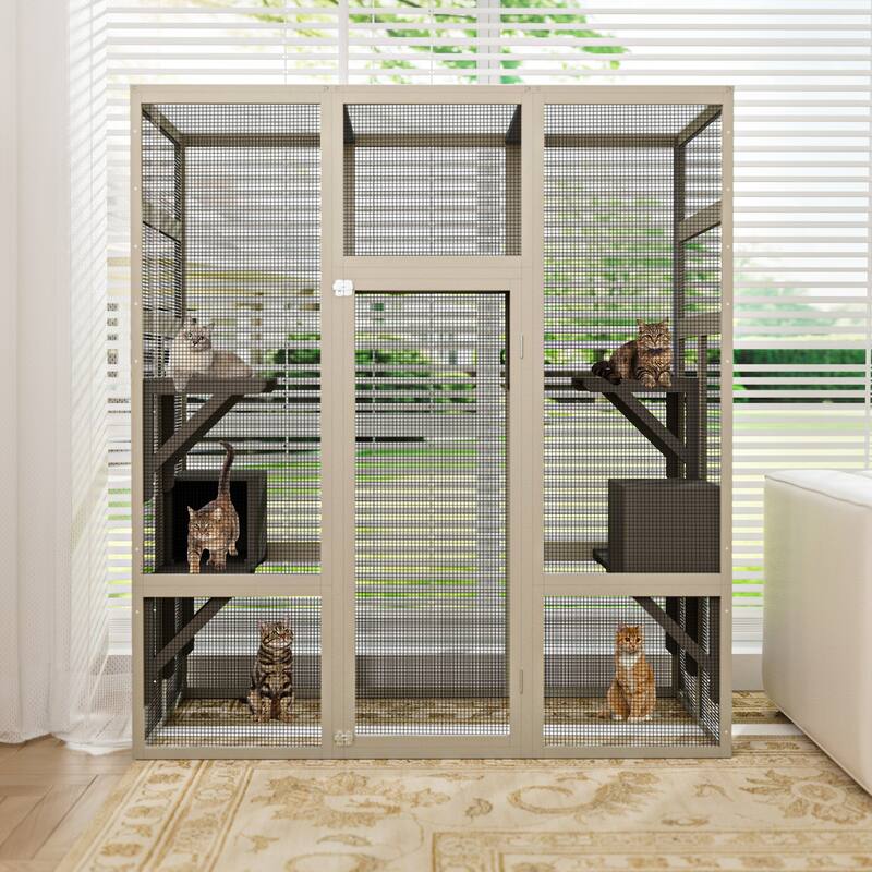 Large Gray Wooden Catio - Outdoor Cat Enclosure with 5 Platforms, 2 Resting Boxes & UV/Waterproof