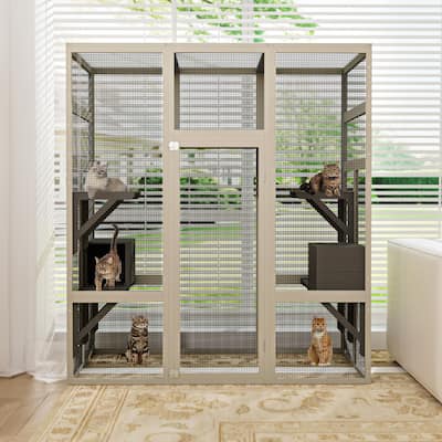 Large Gray Wooden Catio - Outdoor Cat Enclosure with 5 Platforms, 2 Resting Boxes & UV/Waterproof