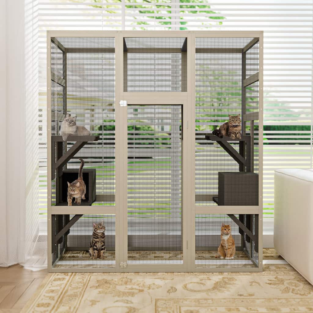 Large Gray Wooden Catio - Outdoor Cat Enclosure with 5 Platforms, 2 Resting Boxes & UV/Waterproof