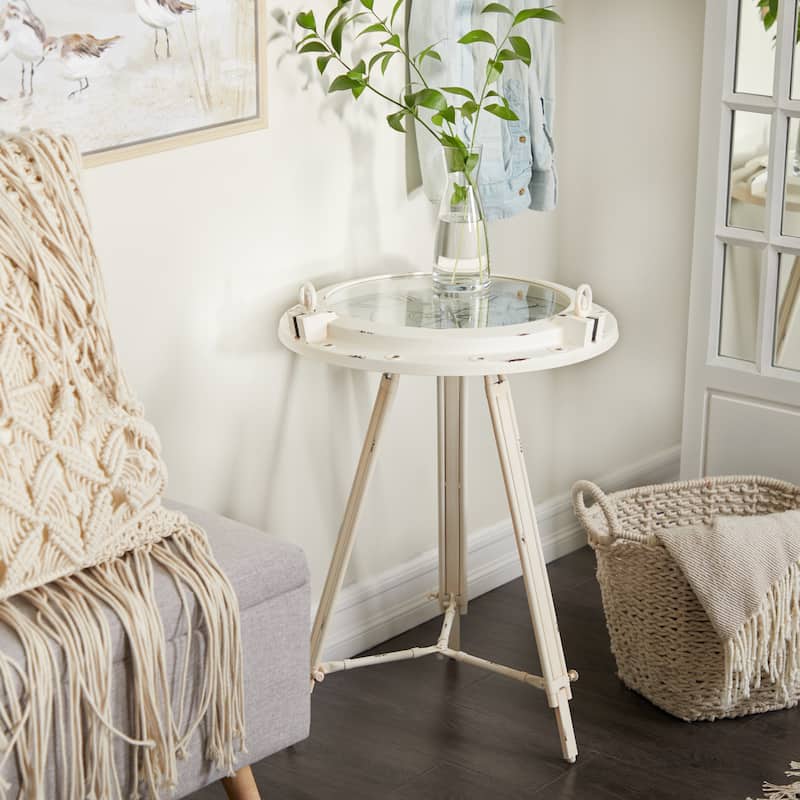 Metal Compass Accent Table with Clock and Clear Glass Top - White or Black - Roche River Decor