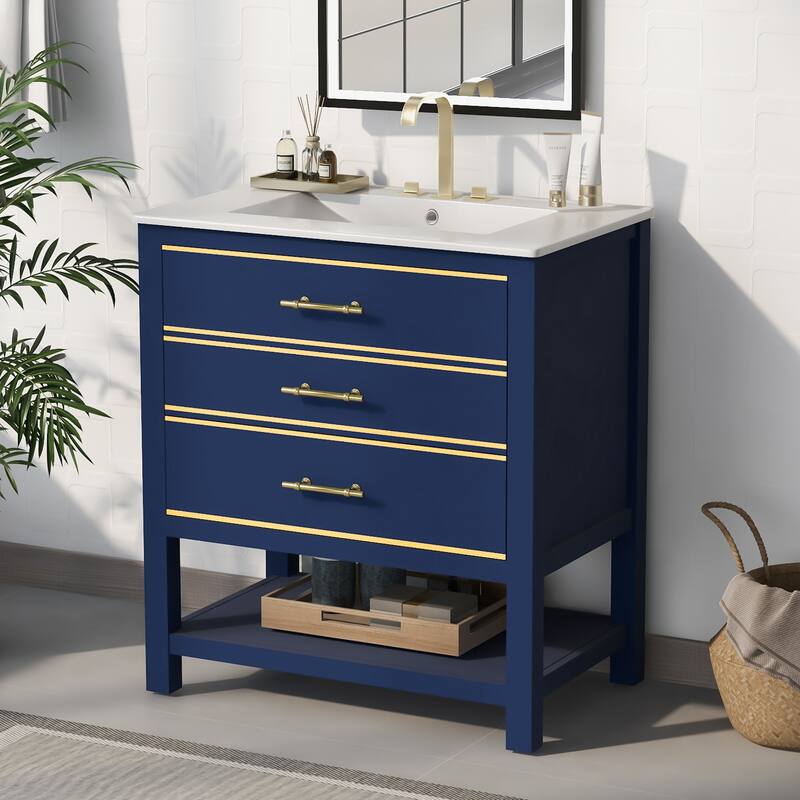 Bathroom Vanity with Sink, Vanity Set with 2 Drawers, Bathroom Storage Cabinet with Open Shelf and 2 Soft Closing Doors