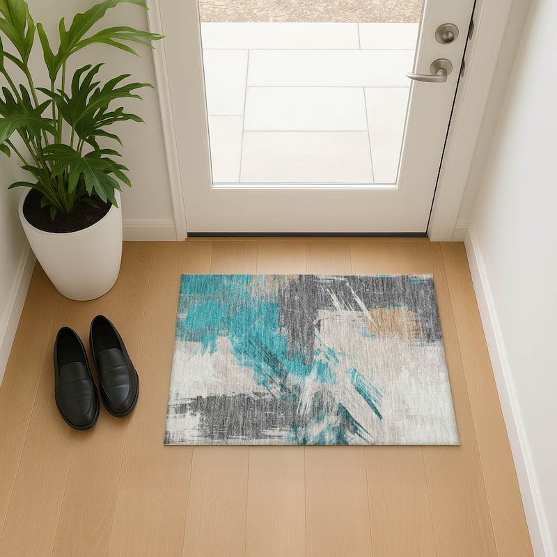 Premium Washable Super Soft Modern Brushstrokes Mayfield Rug - Teal - 1'8" x 2'6"
