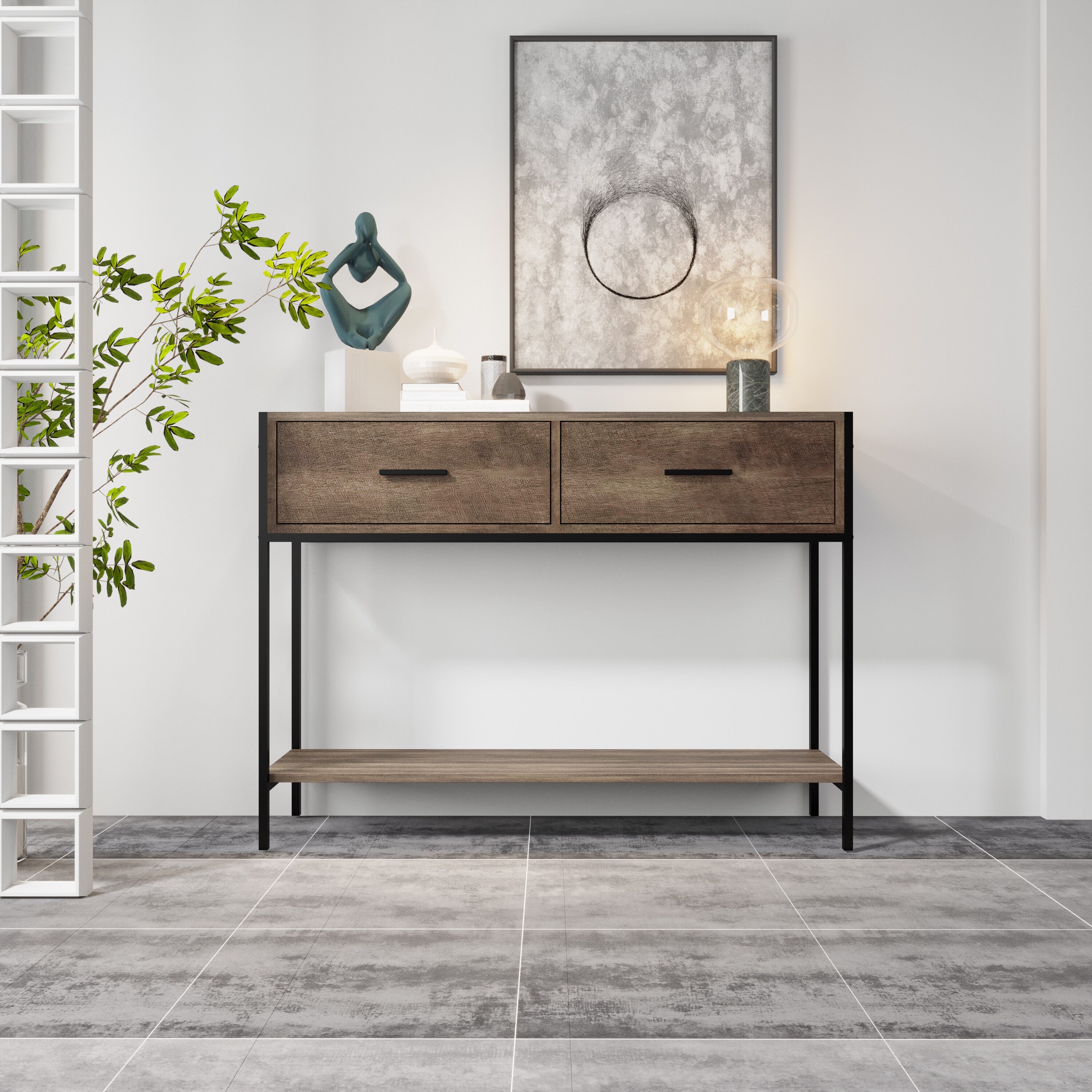 Classic Console Table With Two Top Drawers And Open Shelf,vintage Storage With Sturdy Metal Frame, For Entryway Hallway