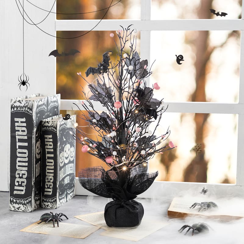 Glitzhome 20"H Pre-lit Halloween Trees with Pink and White Berries for Table Decor