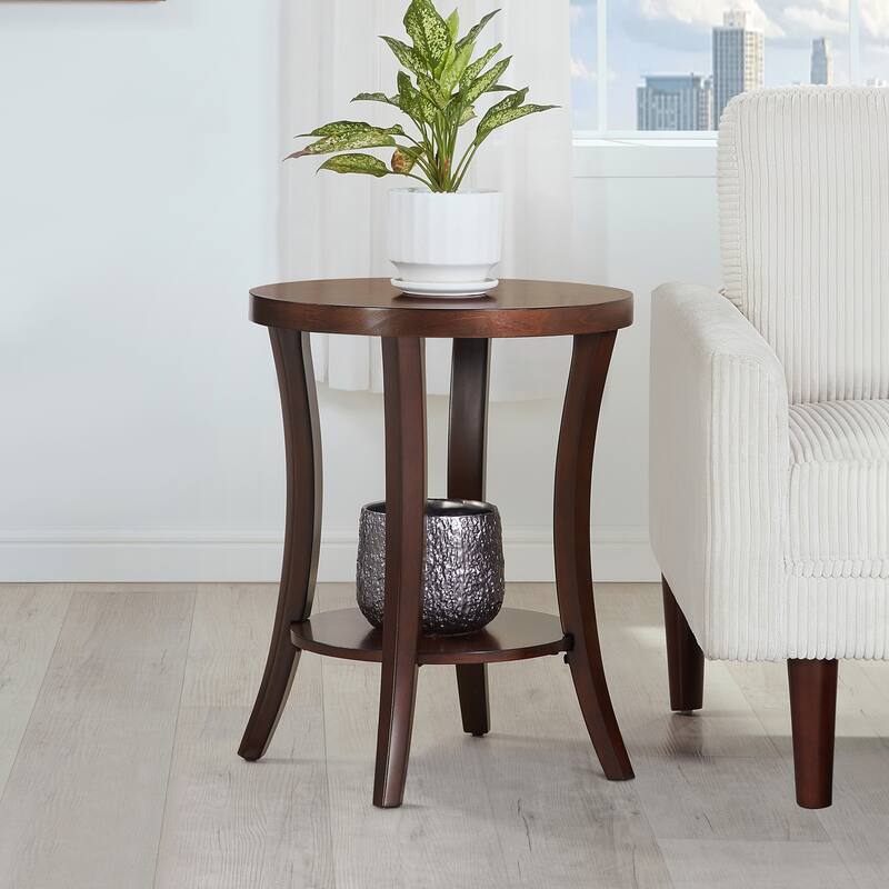 Round End Table with Shelf Curved Legs and Spacious Two-Tier Storage Veneer Finish Accent Table for Living Room - 18