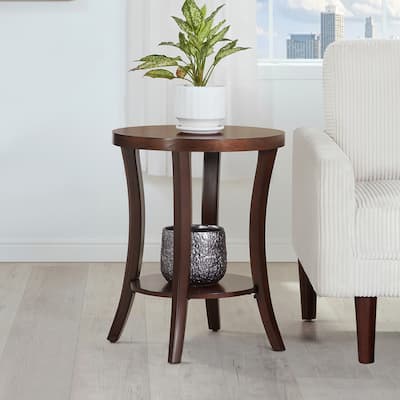 Round End Table with Shelf Curved Legs and Spacious Two-Tier Storage Veneer Finish Accent Table for Living Room - 18