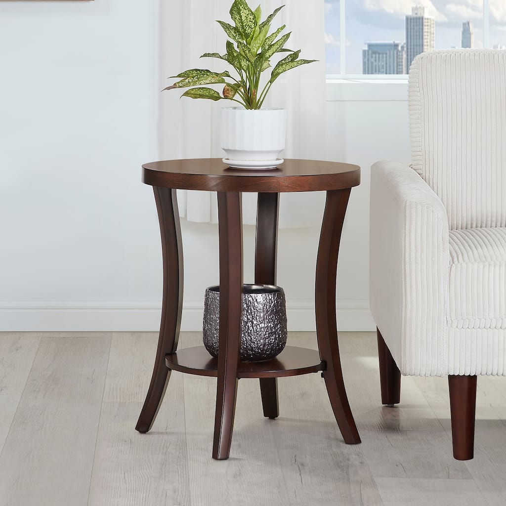 Round End Table with Shelf Curved Legs and Spacious Two-Tier Storage Veneer Finish Accent Table for Living Room - 18