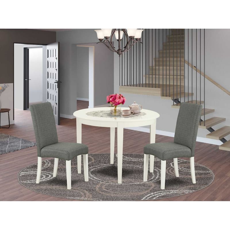 Round Dining Table Set 42" Table w/ 2 Parsons Chairs - Modern Linen White Finish - Gray Fabric
