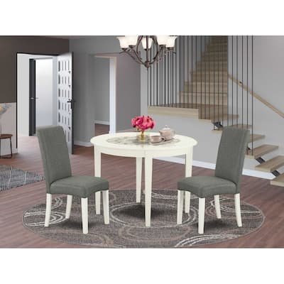Round Dining Table Set 42" Table w/ 2 Parsons Chairs - Modern Linen White Finish - Gray Fabric