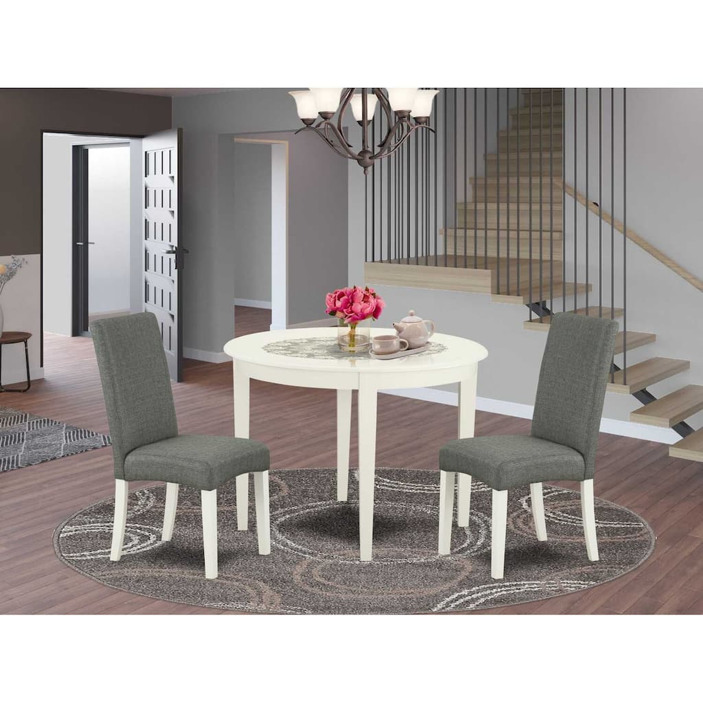 Round Dining Table Set 42" Table w/ 2 Parsons Chairs - Modern Linen White Finish - Gray Fabric