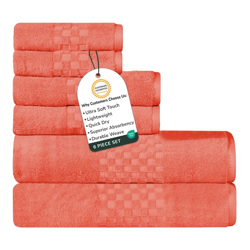 Feather and Stitch NY 650 GSM Premium Cotton 6 Piece Towel Set Super Absorbent Quick Dry Spa Quality - Coral