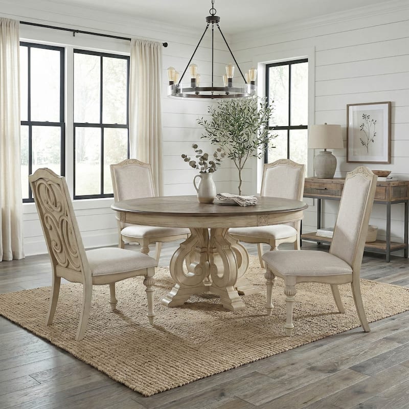 Caelum Farmhouse White Solid Wood 5-Piece Round Dining Set by The Gray Barn - Antique White