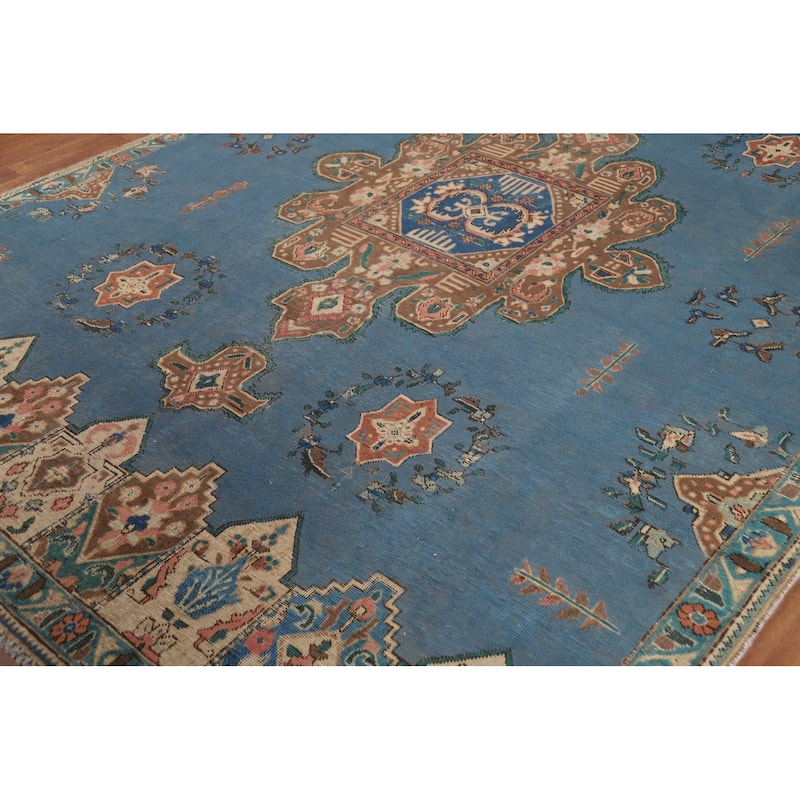 Blue Geometric Tabriz Persian Rug Traditional Handmade Wool Carpet - 7'8"x 10'8"