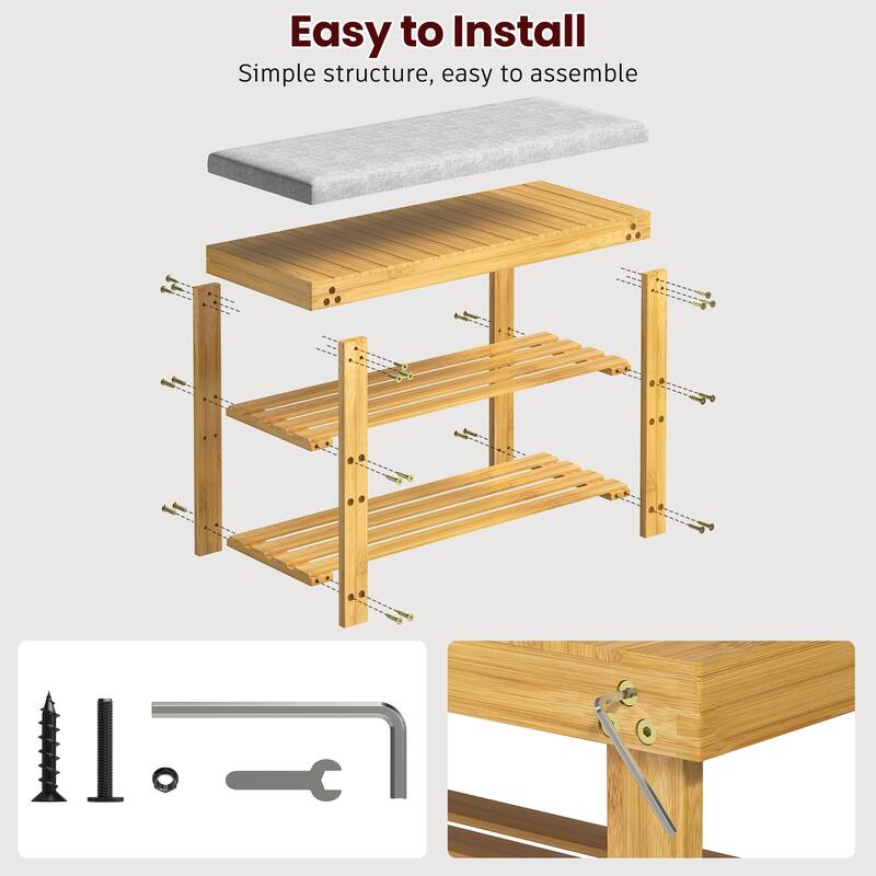 Bamboo Shoe Bench,3-Tier Shoe Rack,Entryway Bench with Cushion and Adjustable Shelves,Shoe Rack for Entryway,Living Room