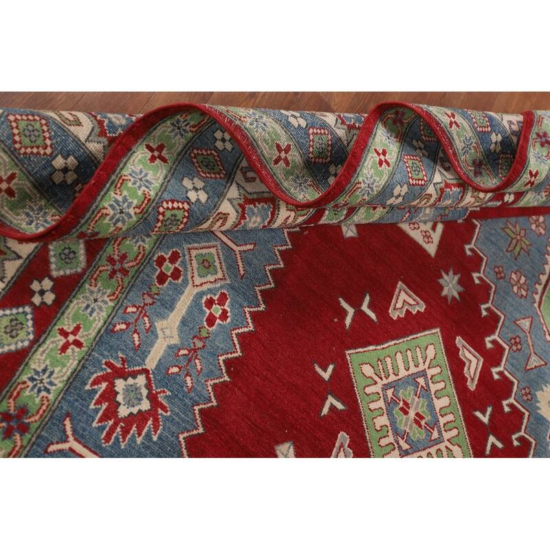 Red Geometric Kazak Oriental Large Area Rug Handmade Wool Carpet - 9'9" x 15'11"