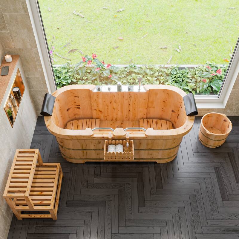 ALFI brand AB1130 65" 2 Person Free Standing Cedar Wooden Bathtub with Fixtures & Headrests - Brown