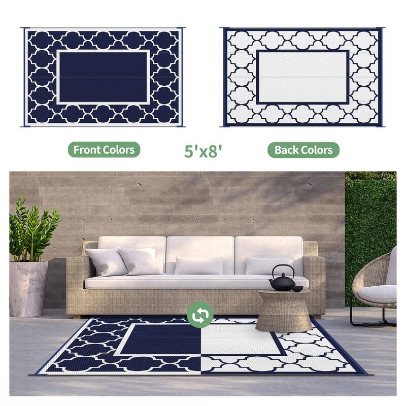 Reversible Dark Tone Geometric Flat-Weave Recyclable Outdoor Rug