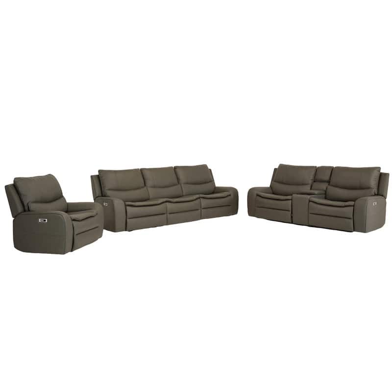 3-Piece Faux Leather Sofa Set with Double Width Seat, Power Recliner, Loveseat & Sofa, Wireless charging and Reading Lamp - Grey