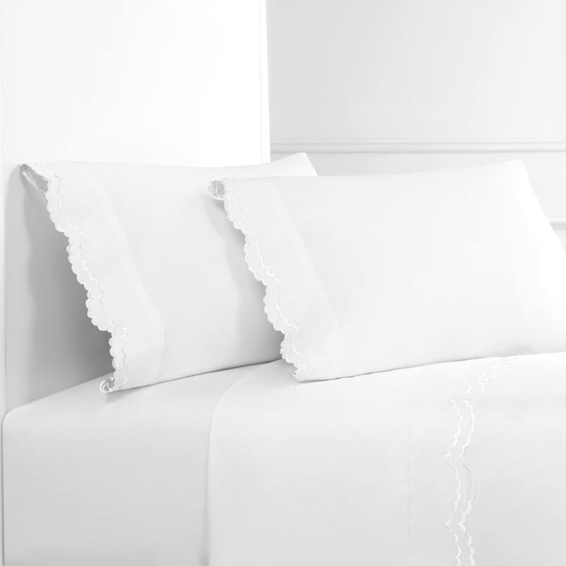 Percale Double Scalloped Embroidered Pillowcase and Sham Cover Set - Navy - Standard