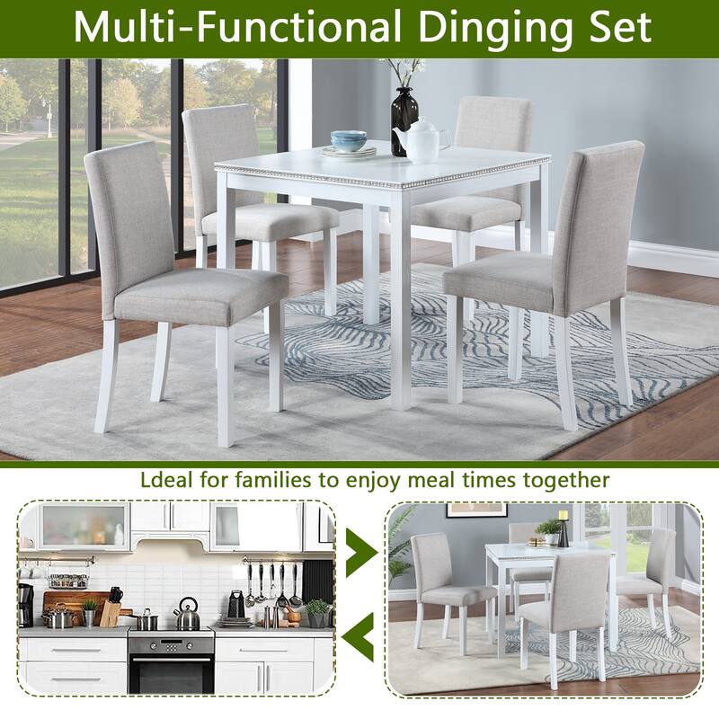 5-Piece, Modern Dining Table Set with Crystal Decorations and 4 Dining Chairs, for Kitchens and Dining Rooms, White