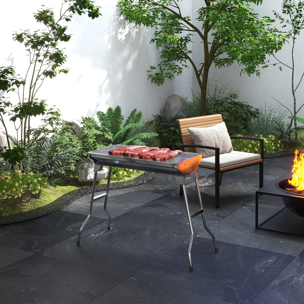 Portable Charcoal Grill Stainless Steel Folding Outdoor BBQ Grill with Pan Grill Rack Hooks, for Backyard Cooking, Camping