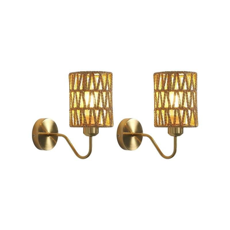 2 Pack bulb light gold light fixtures metal, rattan wall light
