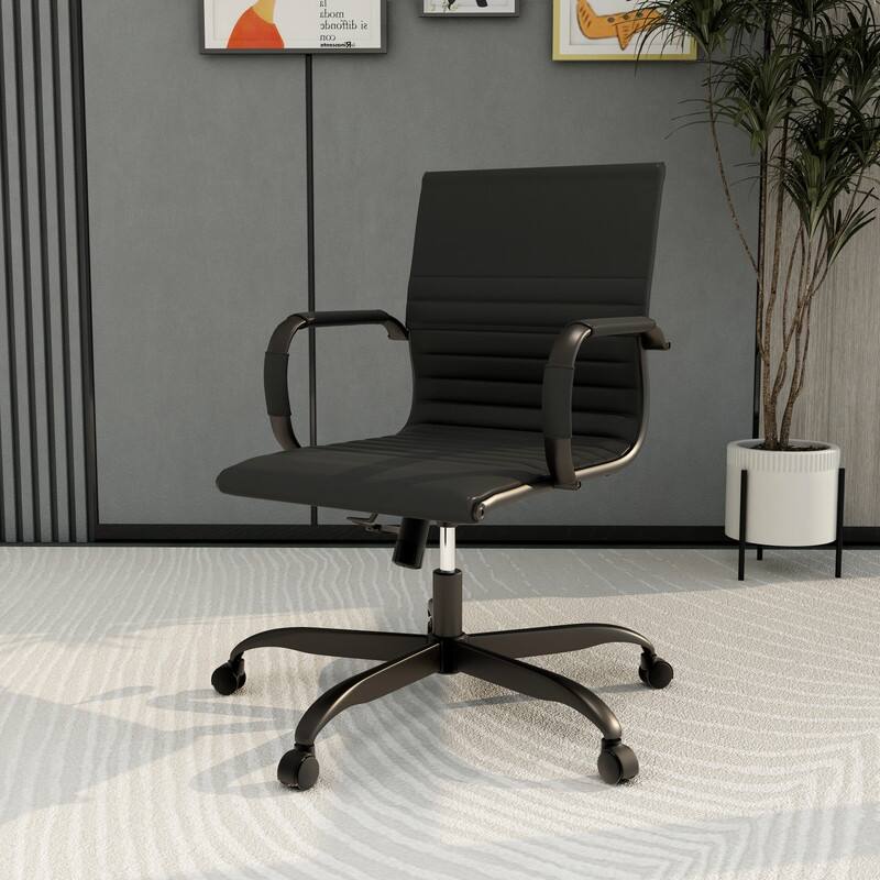 Harris Leather Mid-Back Adjustable Seat Height Office Desk Computer Swivel Chair in Black Metal Frame for Home Conference
