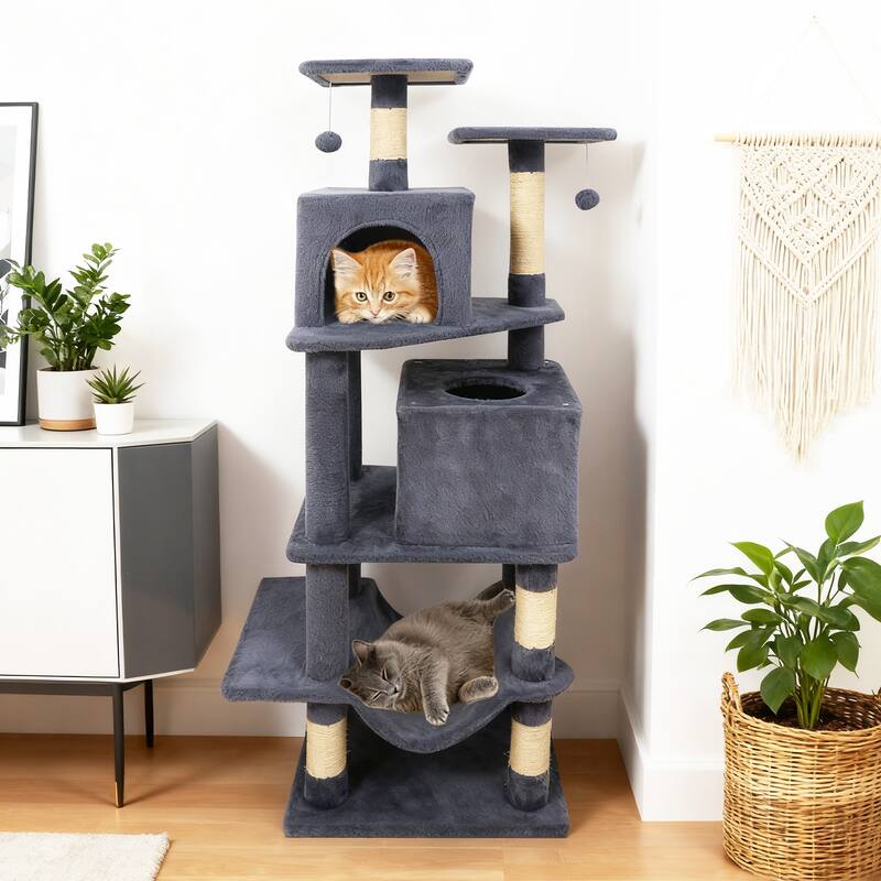 Gymax 57'' Cat Tree for Indoor Cats w/Dual Condos Hammock Sisal