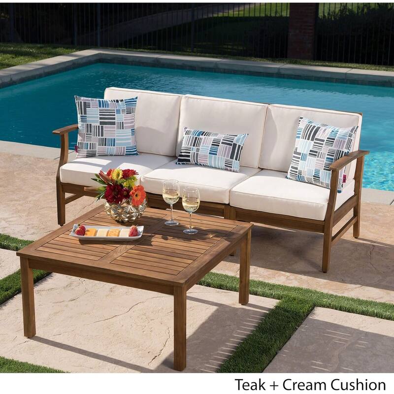 Roomfitters 3-Seater Outdoor Sofa Set with Coffee Table, Solid Acacia Wood Frame and Cream Cushions - Cream