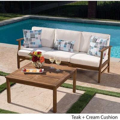 Roomfitters 3-Seater Outdoor Sofa Set with Coffee Table, Solid Acacia Wood Frame and Cream Cushions