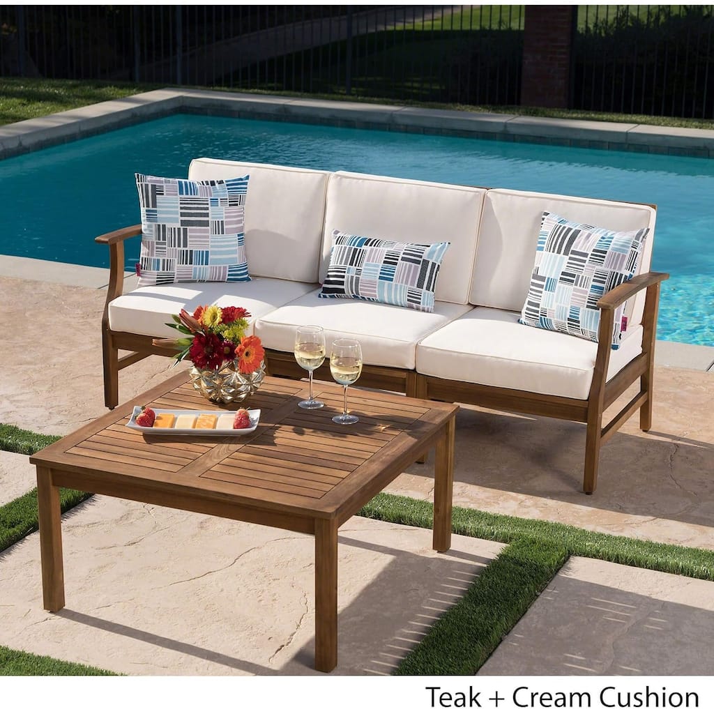 Roomfitters 3-Seater Outdoor Sofa Set with Coffee Table, Solid Acacia Wood Frame and Cream Cushions