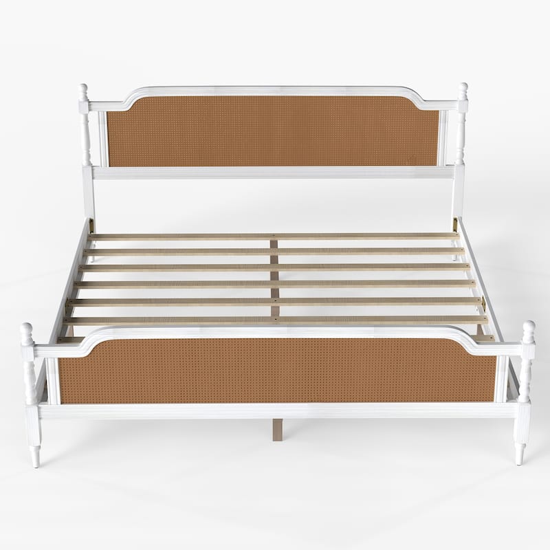 Wooden Platform Bed Bed Frame w/Hand-Woven Rattan Headboard & Footboard, Boho and Mid Century Style Bed Frame, Solid Pine Wood