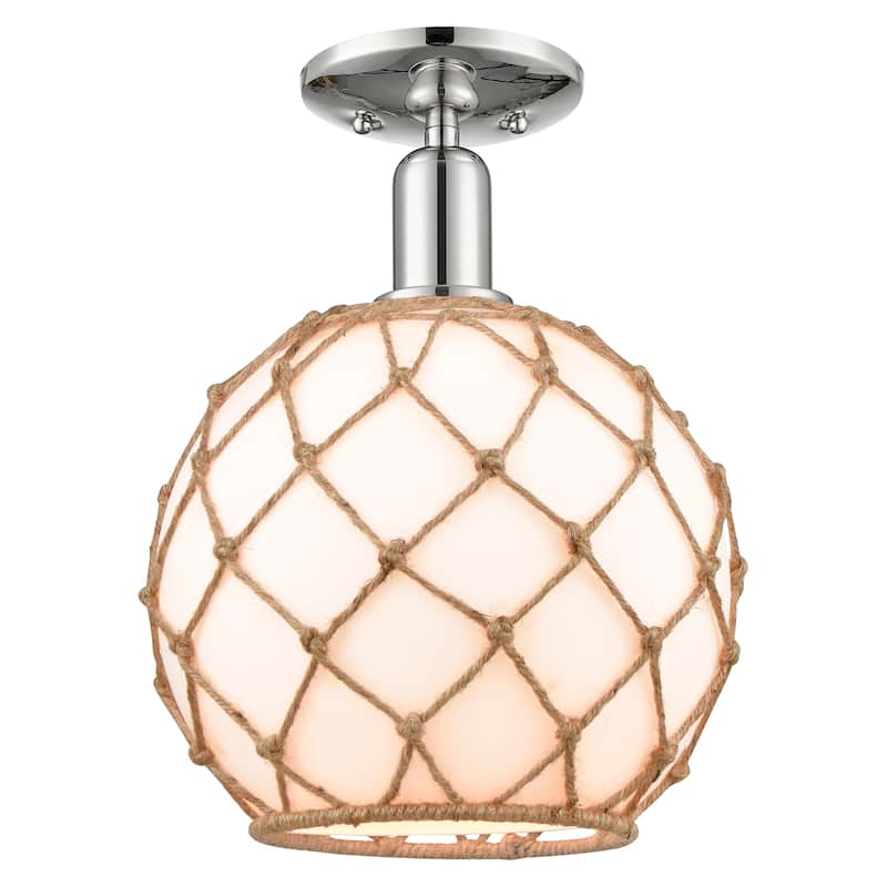 Innovations Lighting Endless Possibilities Arcadia - Farmhouse Rope - 1 Light 8" Semi-Flush Mount - White Glass with Brown Rope/Polished Nickel