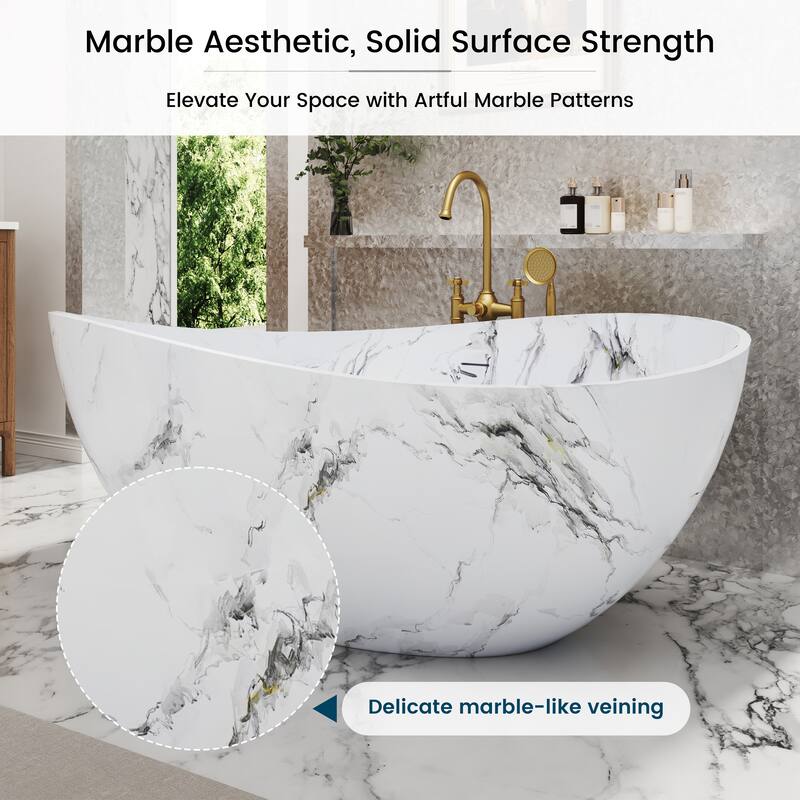 63 in. x 37 in. Solid Surface Freestanding Soaking Bathtub in Matte White with Italian Snowflake Marble Pattern, Center Drain