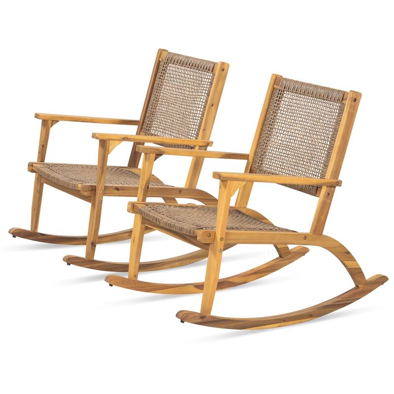 2-Piece Outdoor Acacia Wood Rocking Chair Set with Wicker Rattan Seat & Backrest
