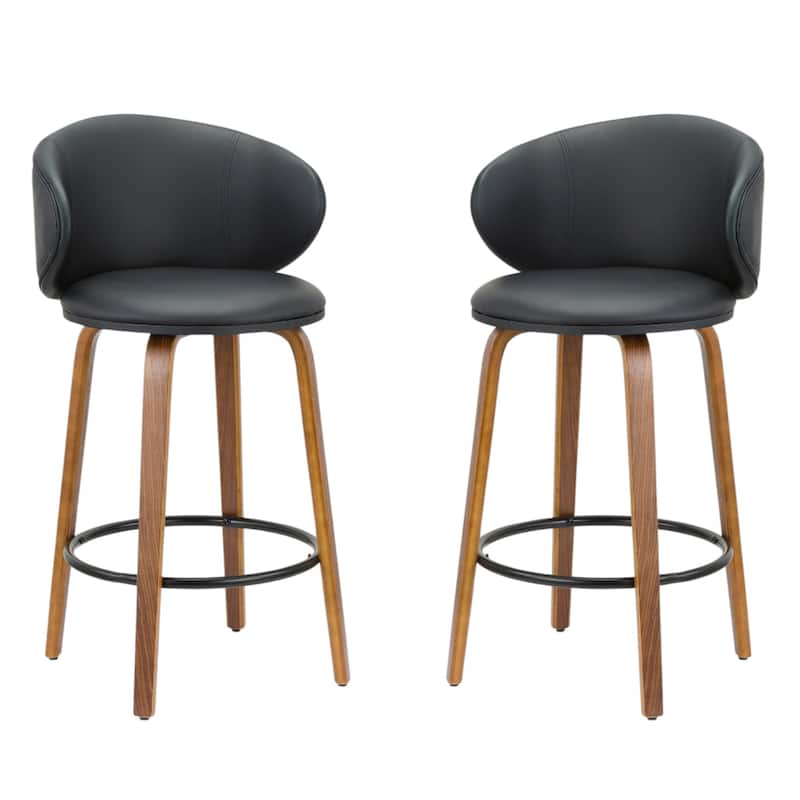HomeRoots Set of Two 26" Black and Brown Faux Leather and Solid Wood Low Back Counter Height Bar Chairs