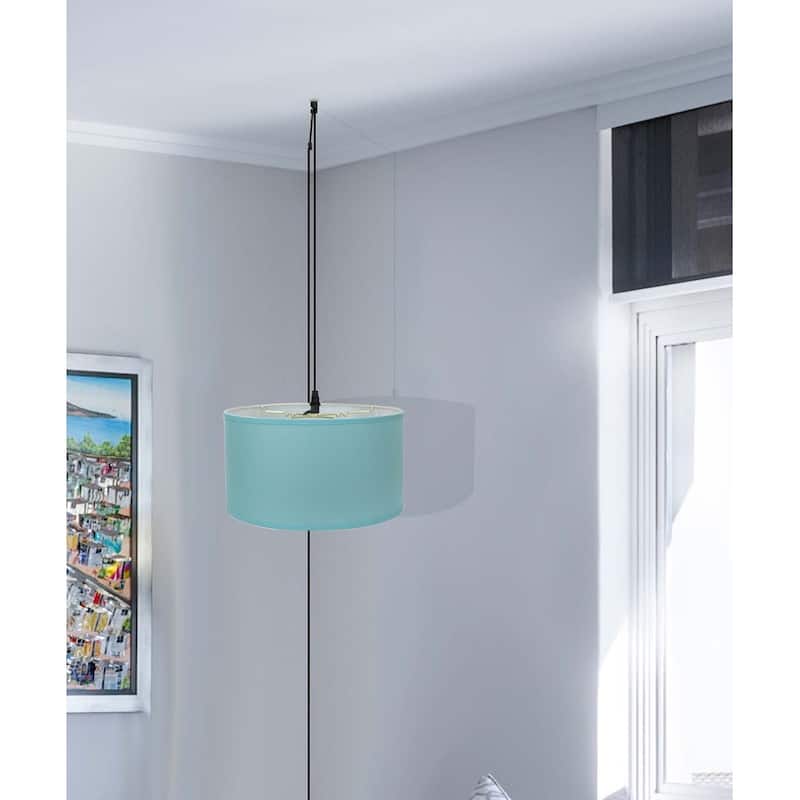 1 Light Swag Plug-In Pendant 16"w Island Paradise Linen Drum Shade, 17' Black Cord