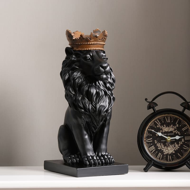 Sitting Lion with Crown Statue - 14.5" - Black and Gold