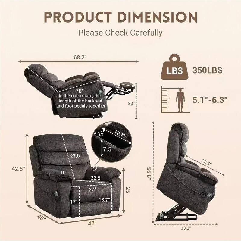 Extended Footrest Comfort Chenille Power Lift Recliner with Massage and Heat