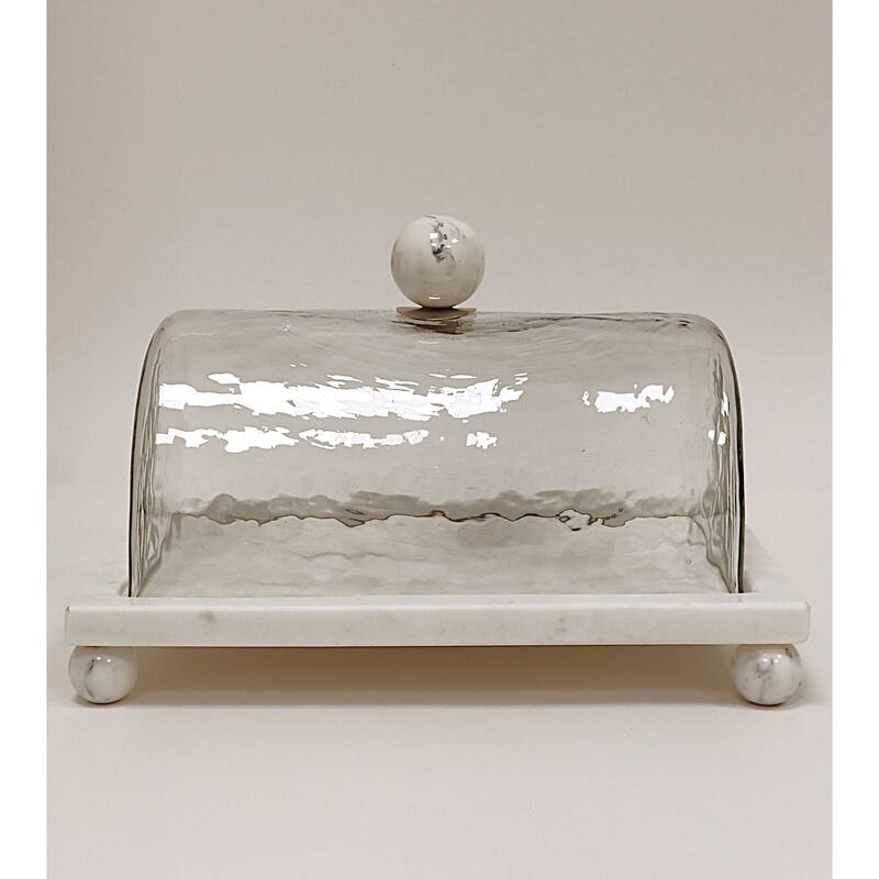 Marble Cake Plater with Glass Cover with Clear Ball Knob - 10.4"L - Marble Knob