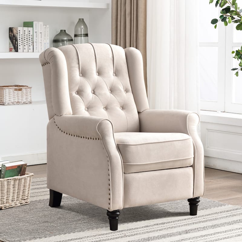 Push Back Recliner with Tufted Back and Wooden Legs - Beige
