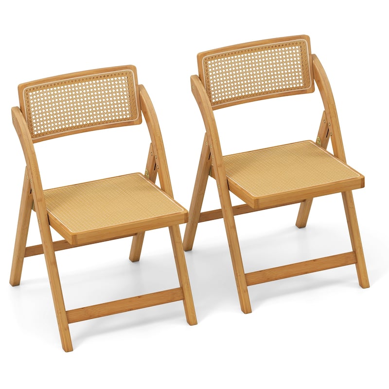 Gymax Rattan Cane Folding Chairs Set of 2 w/ Rotatable Backrests - Natural