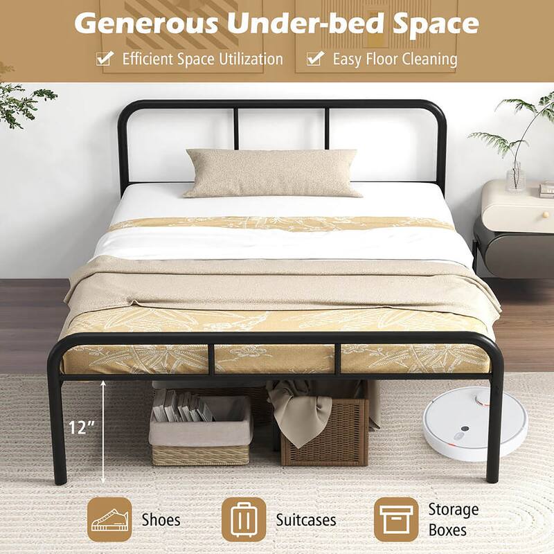 Gymax Full Size Bed Frame Metal Platform Bed Base w/ Headboard &