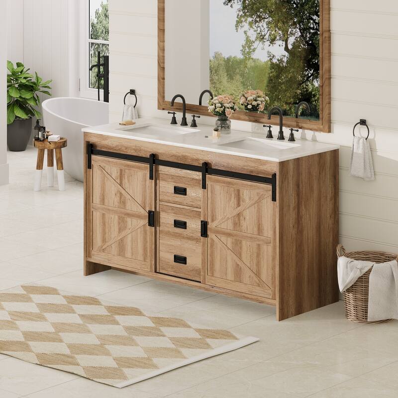 EROMMY Farmhouse Bathroom Vanity with Ceramic Top and Sliding Barn Door Sink Cabinet