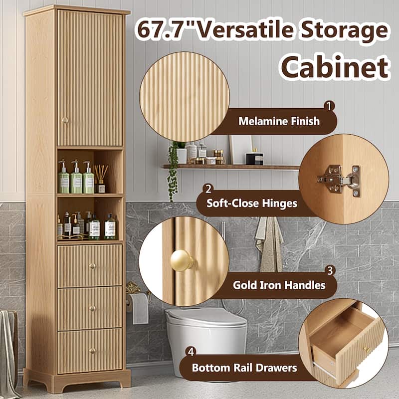 Vertical Stripe Accents Cabinet Freestanding Tall Cabinet for Bathroom with 1 Door, 3 Drawers, Open Storag and Adjustable Shelf