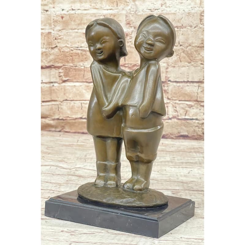 Chinese Children Brother And Sister Posing For Picture Collectible Bronze Sculpture By Zhang