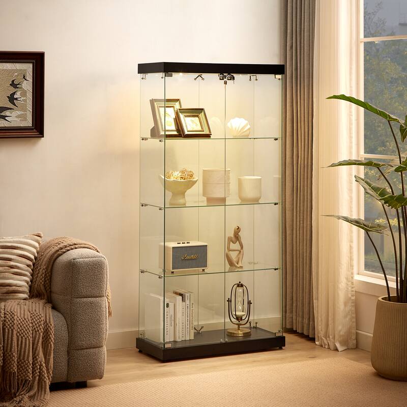 4-Tier Double Glass Door Display Bookshelf with Two Locks and 2 Lamp