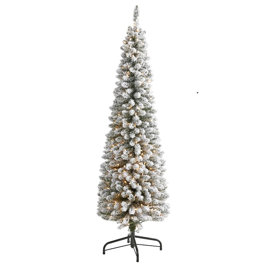 6Ft Pencil Christmas Tree with Lights - Slim Artificial Holiday Tree, 300 Clear Lights, Bendable Branches - White - 72