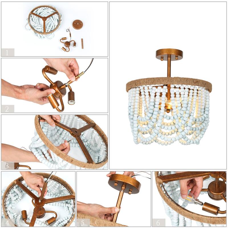 Renia 14.5'' Beaded Wood 3-light Semi-flush Mount Gold Draped Ceiling Lights with Hemp Rope Bedroom Hallway Foyer