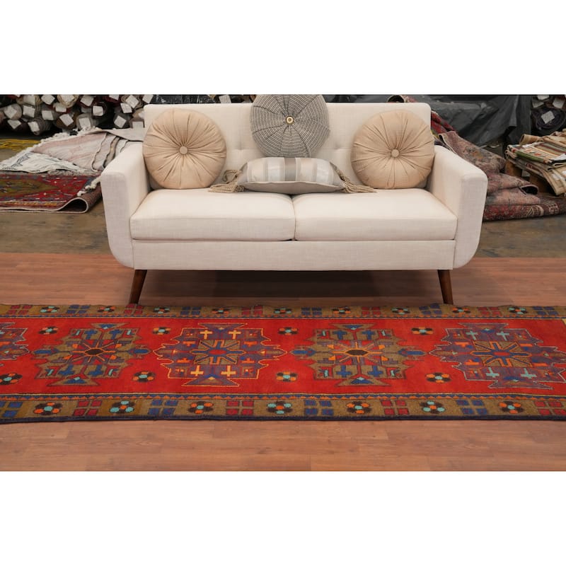 Hand Knotted Oriental 100% Wool Carpet Traditional Geometric Oranges & Rust Heriz Runner Rug - 10' 4'' X 3' 3''